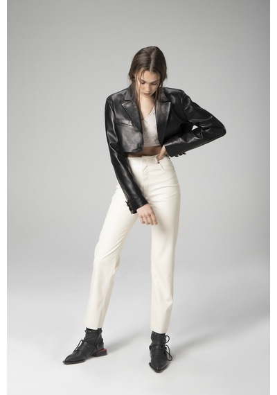 Siyah Dericlub Wm034 Gerçek Deri Crop Blazer Kadın Ceket
