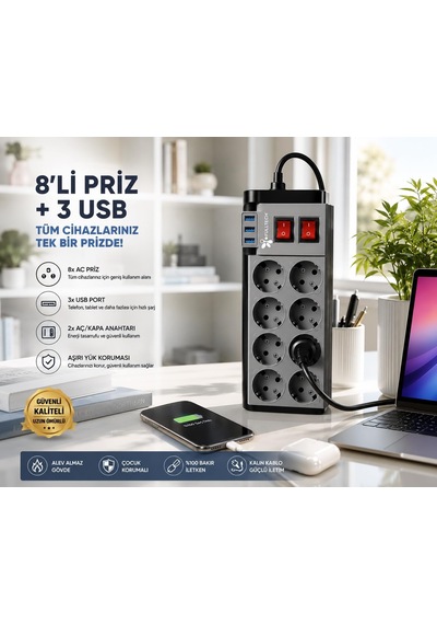 Lexroo Suwors Akım Korumalı 8 Li Grup Priz 2 Metre 3 Usb Girişli Anahtarlı Çoklu Uzatma Kablosu Diğer