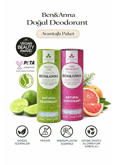 Ben&anna Doğal Deodorant 2 Li Avantajlı Paket Persian Lime & Pink Grapefruit