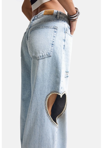 it's basic Kadın Ice T-12s6-3 Süper Baggy Fit Kalp Detaylı Tasarım Denim Jean Buz Mavi
