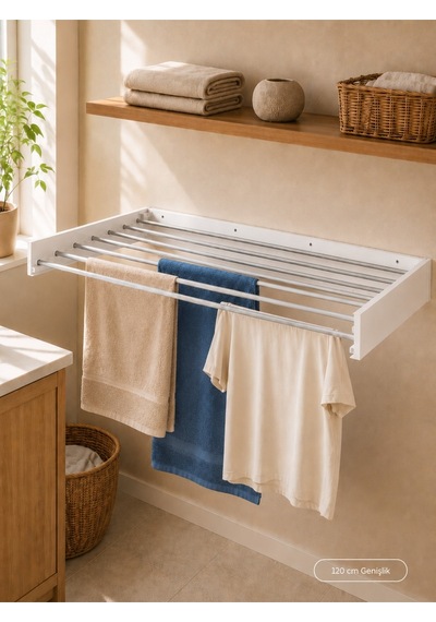 Çamaşır Kurutma Askısı Katlanır Duvara Monte Balkon Banyo Askılık Duvar Tipi Yer Tasarruflu Çamaşırlık 120 Cm Belize Beyaz