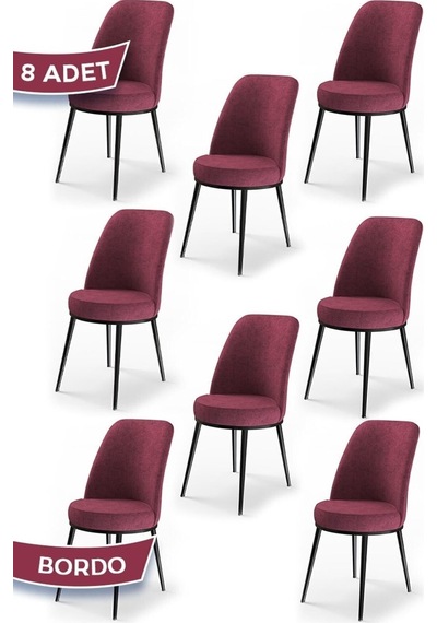 Canisa Dexa Serisi, Üst Kalite Mutfak Sandalyesi, Metal Siyah Iskeletli, 8 Adet Bordo Sandalye Bordo Sandalye