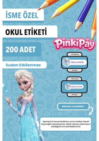 İsim Yazılabilir Elsa Temalı Kişiye Özel Okul Etiketi Kalem & Defter İçin 200 Adet Çoklu