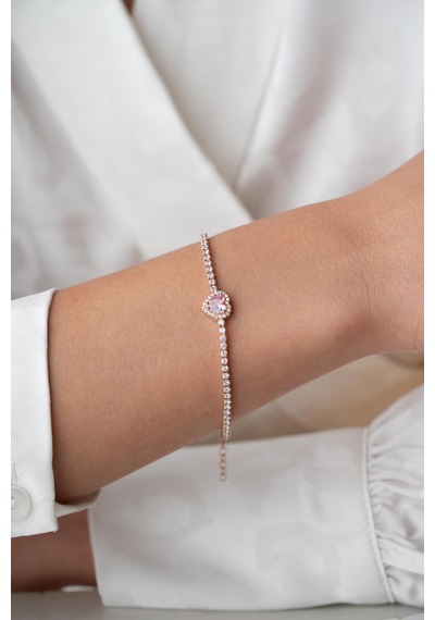 925 Ayar Gümüş Rose Kaplama Pembe Taşlı Kalp 2 Mm Zirkon Taşlı Suyolu Bileklik Rose