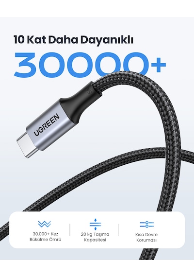 Ugreen Usb-c 100w 5a Qc Pd Örgülü Hızlı Şarj Kablosu, 1 M, Siyah, 70427