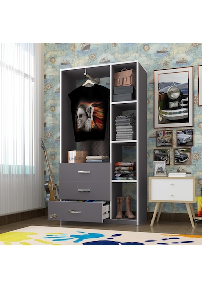 Kenzlife giysi dolabı ökkeş 175*90*40 gri gardırop 3 çekmeceli
