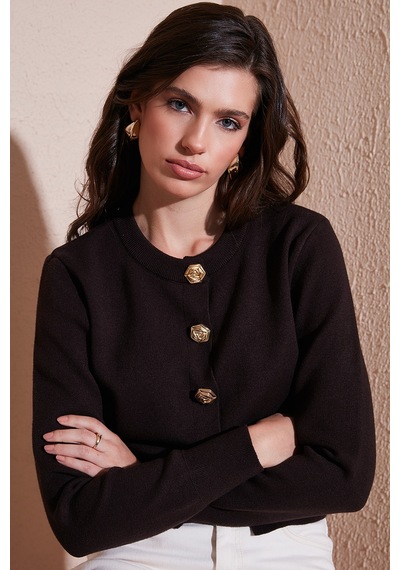 Lela Premium Regular Fit Yuvarlak Yaka Crop Triko Bayan Hırka 680Hi00110 Kahve