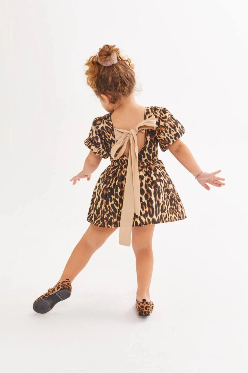 Balon Kol Sırt Detaylı Leopar Desenli Elbise-220 Leopar