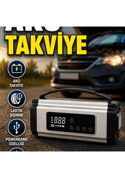 Dijital Ekranlı Akü Takviye Cihazı Lastik Şişirme Kompresörü Powerbank Led Işıklı Araç Kurtarma Ciha