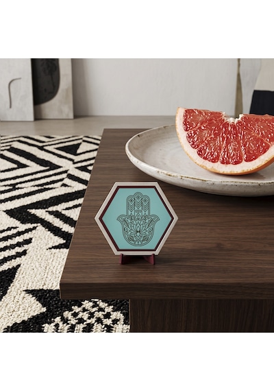 Estetik Hamsa Motifli Masaüstü Aksesuarı, Yaşam Alanlarınızda Pozitif Bir Hava Oluşturan Modern Dekor Ürünü 10x10 Cm, Turkuaz