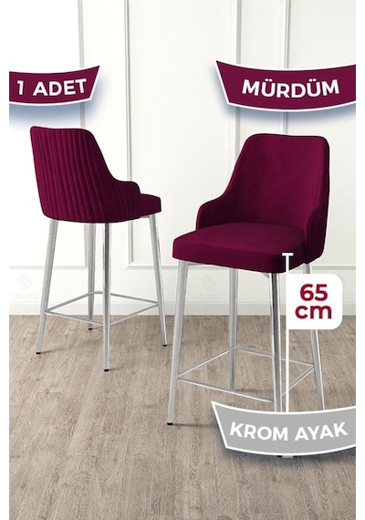 Canisa Tera Serisi 1 Adet Babyface Kumaş 65 Cm Krom Kaplama Ayaklı Mürdüm Bar Sandalyesi Mürdüm Sandalye Krom Kaplama Ayak