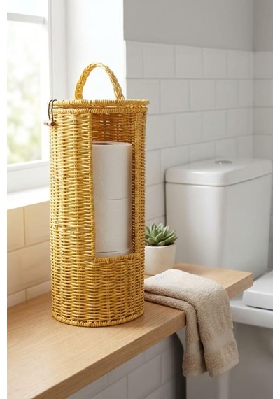 Hasır Görünümlü Plastik Rattan Tuvalet Kağıdı Standı, Askılı Kapaklı Wc Kağıtlık, Yedekli Banyo Organizer, 37x17 Cm 000 Açık Krem