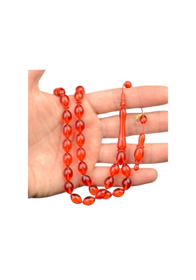 Arpa Kesim 11x8 Mm İmzalı Ateş Kehribar Sistem Püsküllü Tesbih Kırmızı