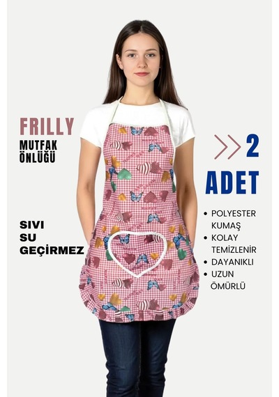 Frilly İkili Paket Mutfak Önlüğü Sıvı Geçirmez Su Geçirmez Mutfak Önlüğü Elma&happy Day