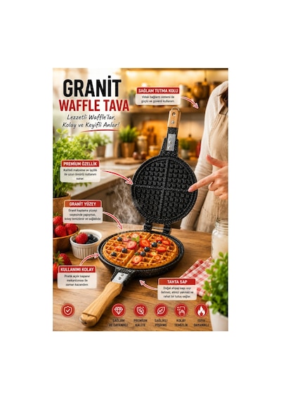 Piev Pratik Ahşap Saplı Çift Taraflı Ocak Üstü Döküm Waffle Tavası Antrasit