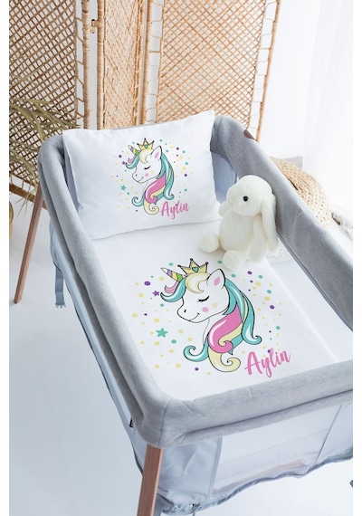 Lilabio %100 Pamuk Saten İsme Özel İsimli 70x120 Park Yatak Nevresim Seti Unicorn-renkli
