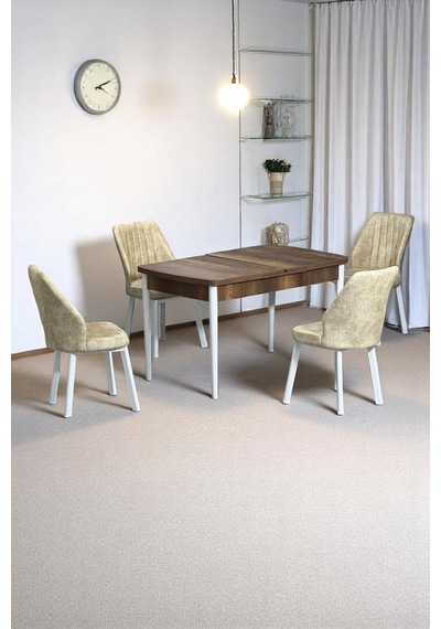 Florn Ceviz 80 x 132 Açılabilen MDF Masa Metal Ayaklı Mutfak Masası Takımı 4 Krem Sandalye Florn Ceviz 80 x 132 Açılabilen MDF Masa Metal Ayaklı Mutfak Masası Takımı 4 Krem Sandalye