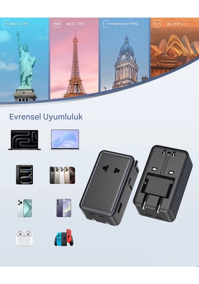 25w Evrensel Seyahat Adaptörü 2xtype-c 1xusb Eu Us Au Uk Priz Fiş Çevirici Dönüştürücü