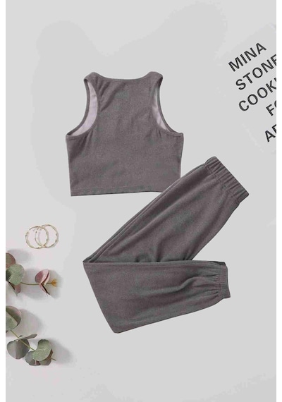 Merry See Tek Renk 1 Takım Kolsuz Polarlı Alt Üst Pijama Takımı Gri 001