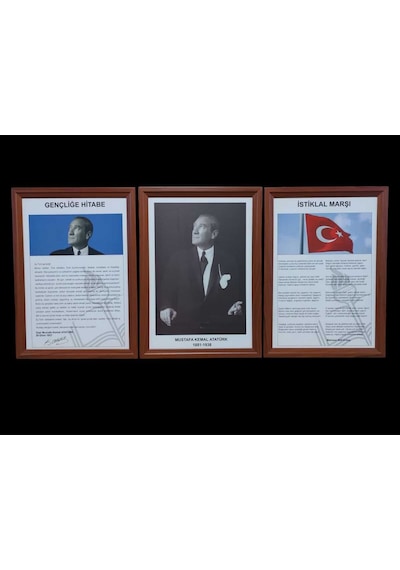 Atatürk-gençliğe Hitabe-istiklal Marşı Mdf Portre Tablo Köşe 3 Lü Set 35x50cm