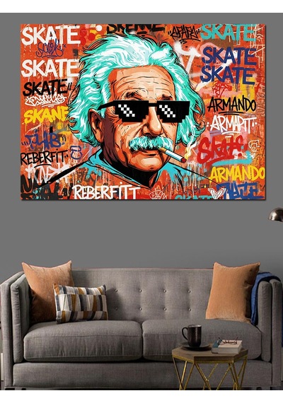 Ahşap Tablo Renkli Grafiti Tarzında Einstein Portresi