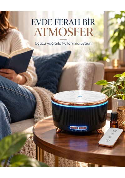 500 Ml Aroma Difüzör Hava Nemlendirici Esansiyel Yağ Uyumlu Ultrasonik Buhar Makinesi 7 Renk Led Işıklı Zamanlayıcılı Sessiz Mermer Görünümlü