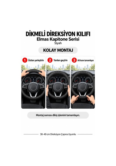 Trobus Peugeot 206 1998-2010 Uyumlu Dikmeli Direksiyon Kılıfı Elmas Kapitone Siyah