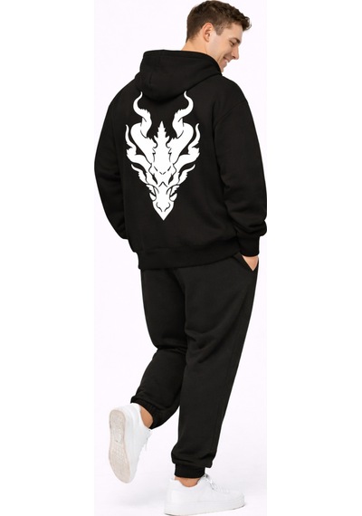 Nevermınd Unisex Ejderha Baskılı Beyaz Sevgili Kombini Oversize Hoodie Seti Siyah Siyah