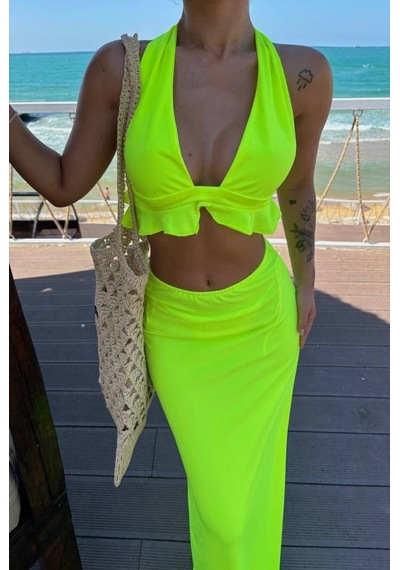 Moderie Butik Kadın Mayo Kumaş Bağlamalı Crop Ve Maxi Boy Etek Ikili Takım Neon Yeşil Moderie Butik Kadın Mayo Kumaş Bağlamalı Crop Ve Maxi Boy Etek Ikili Takım Neon Yeşil