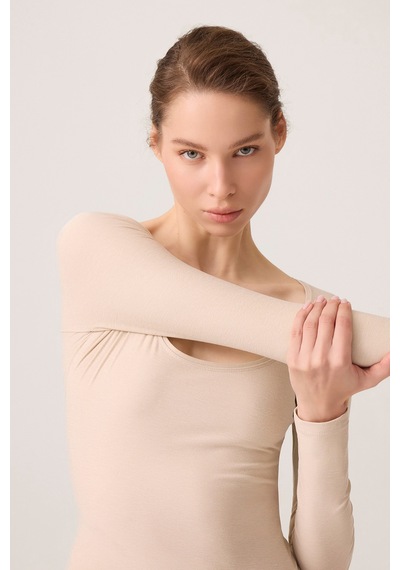 Los Ojos X Ece Bej Melanj Uzun Kollu U Yaka Spor Bluz Scoop Neck Top Bej Melanj Bej Melanj