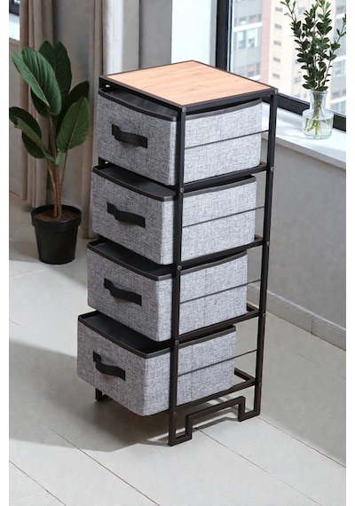 Dekoratif Çok Amaçlı Dolap 4 Çekmeceli Komodin Ahşap Raflı Metal Gövdeli Şifonyer Organizer Gri Dekoratif Çok Amaçlı Dolap 4 Çekmeceli Komodin Ahşap Raflı Metal Gövdeli Şifonyer Organizer Gri