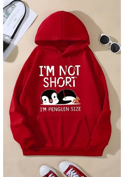 Uyguntarz I'm Not Short Baskılı Unisex Oversize Sweatshirt Kırmızı