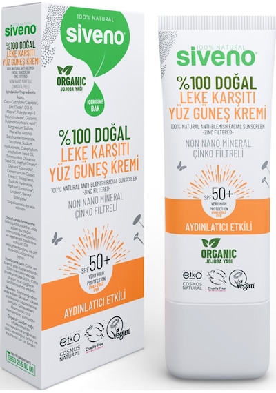 Siveno %100 Doğal Yüz Güneş Kremi Leke Karşıtı Aydınlatıcı Çinko Mineral Filtre UVA UVB SPF 50+ 30 ML