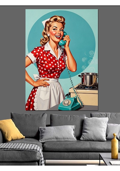 Telefonda Konuşan Retro Kadın Dekoratif Kanvas - Mdf Ahşap Tablo