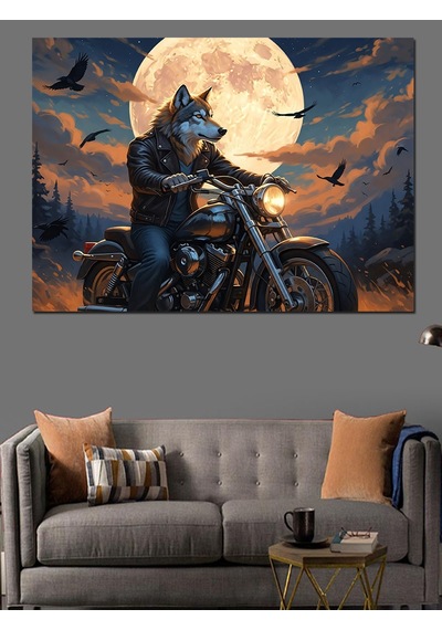 Ahşap Tablo Gece Yolunda Motosikletli Kurt Sürücü