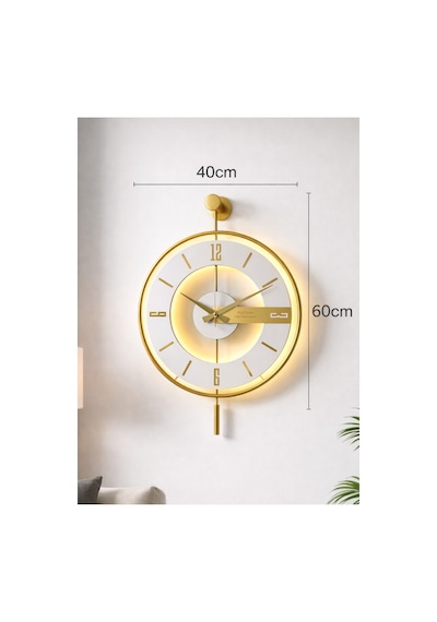 Pey Aksesuar Metal Camlı 40x60cm Duvar Saati Işıklı Gerçek Cam Duvar Saati Modern Tasarım Gold-şeffaf-beyaz
