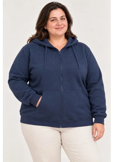 Suma Battal Büyük Beden Üç İplik İçi Şardonlu Kapüşonlu Tam Fermuarlı Kışlık Sweatshirt - Lacivert