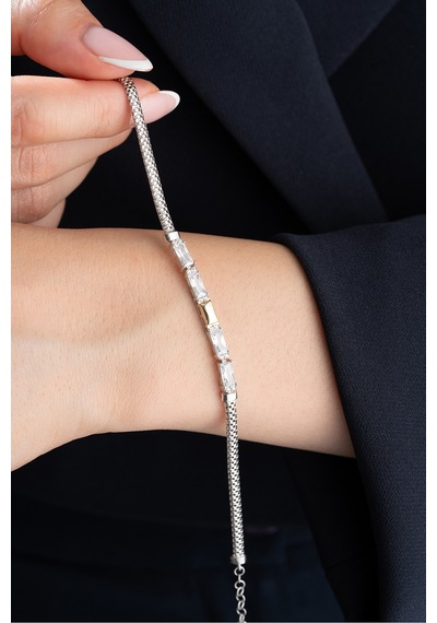 Çekirdekjewelry Baget Zirkon Taşlı 925 Ayar Gümüş Şık Kadın Bileklik Gri