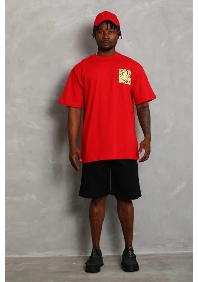 Erkek Baskılı T-shirt Kısa Kol Bisiklet Yaka Regular Fit Tişört - Kırmızı Kırmızı
