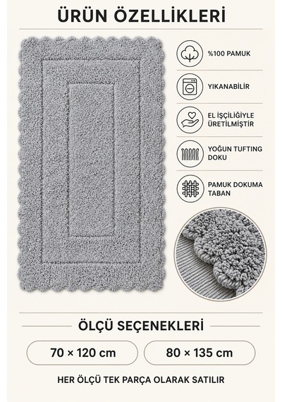 Alanur Bodrum Tufting Cotton Pamuklu El Işi Örgülü Paspas 110 80 X 135 Cm gri