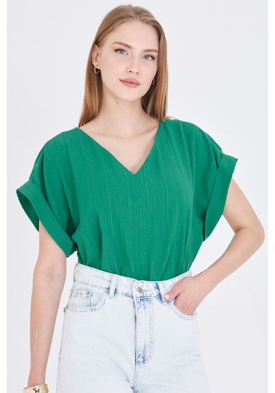 Armonika Kadın Koyu Yeşil V Yaka Yanları Yırtmaçlı Arkası Uzun Duble Kol Detaylı Oversize Bluz Arm-24y001074