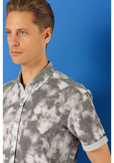 Efor Slim Fit Düğmeli Yaka Batik Desenli Kısa Kol Pamuk Gri Gömlek G 1502 Gri