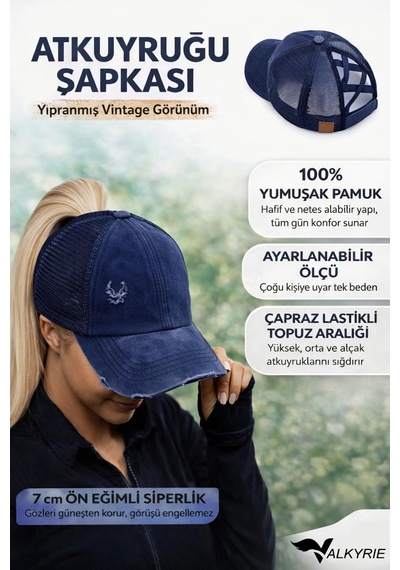 Valkyrie At Kuyruğu Şapkası Kadın Vintage Yıpranmış Görünümlü, Fileli Arkası Açık Ayarlanabilir Şapka Lacivert Lacivert