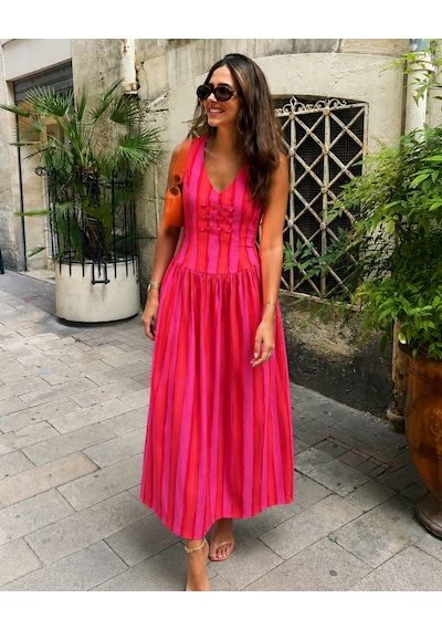 Asurboutique Asur Butik Kadın Fuşya Pembe Çizgili V Yaka Midi Elbise Kolsuz Yazlık Günlük Şık Elbise