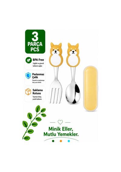 Kedi Figürlü Premium Çocuk Bpa Free Silikon Saplı Paslanmaz Çelik Uçlu Çatal-kaşık, 9+ Ay