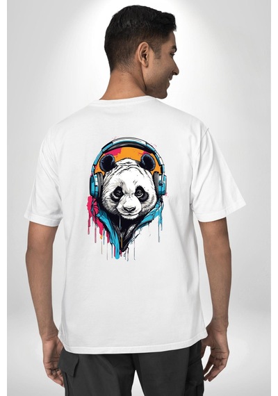 Kulaklık Ayı Panda Beyaz Oversize Unisex Ön Ve Sırt Baskılı Tişört Beyaz