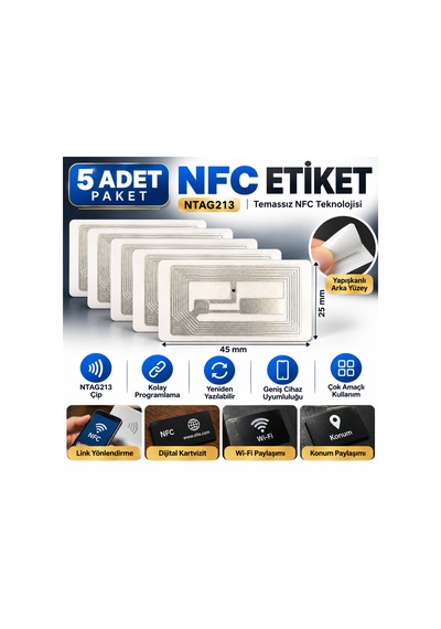 45x25 Mm Nfc Etiket Ntag213 Temassız Programlanabilir Nfc Sticker 5 Adet