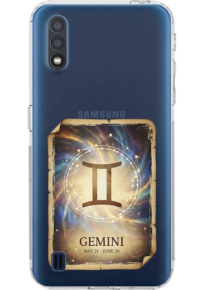 Samsung Galaxy A01 İle Uyumlu Burç Kartları İkizler Tasarımlı Şeffaf Silikon Kılıf Şeffaf