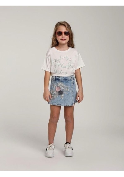 Escabel Kız Çocuk Pamuklu Yuvarlak Yaka Yarım Kol Simli T-shirt-15662 Beyaz