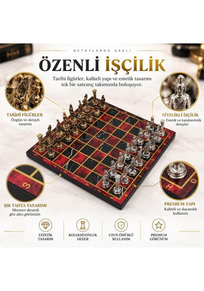 Lüks Metal Satranç Takımı Osmanlı Bizans Figürlü Krom Kırmızı Mermer Desenli 20 X 20 Premium Hediye
